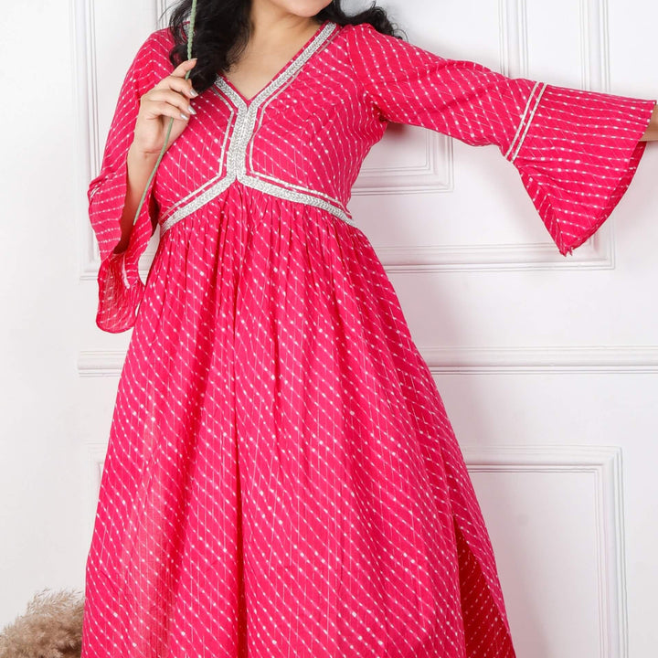 Afreen Rani Pink Leheriya Printed Alia Cut Stitch Cotton Top