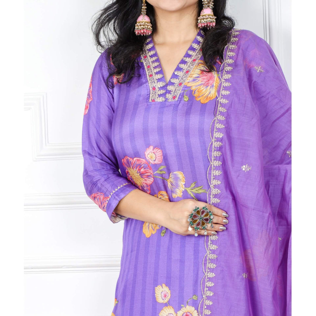 Afreen Publish Blue Floral Muslin Top With Chanderi Silk Dupatta 3 Piece Set