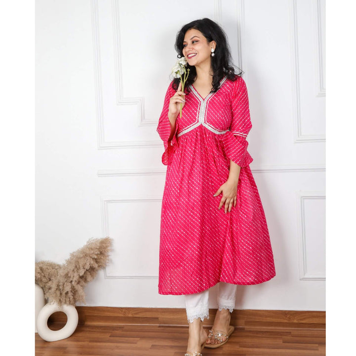 Afreen Rani Pink Leheriya Printed Alia Cut Stitch Cotton Top