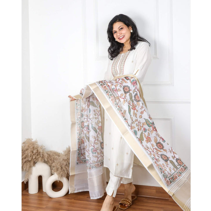 Afreen Creamy White Beige Embellished Neck Work Cotton Silk Top with Chanderi Dupatta 3 Piece Set