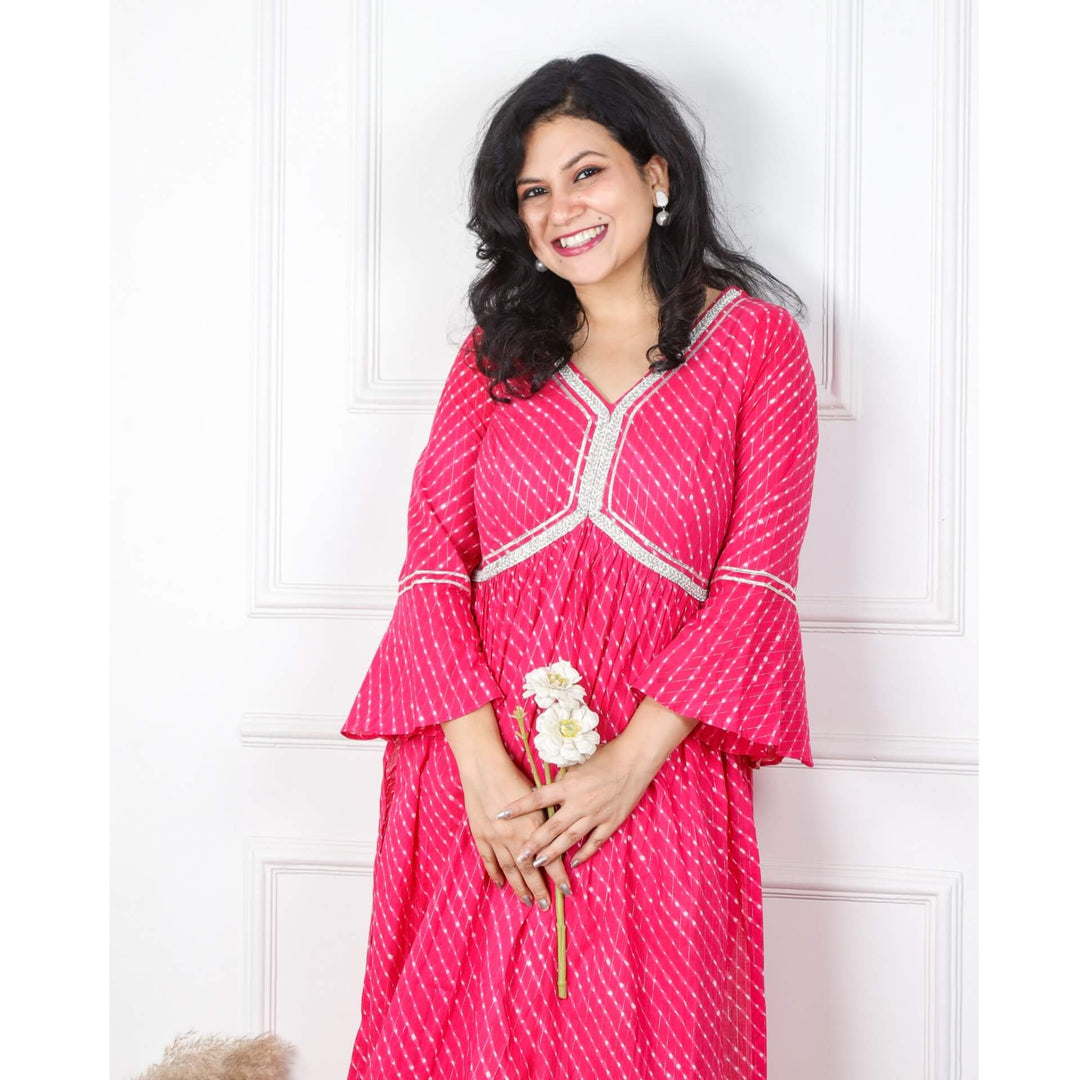 Afreen Rani Pink Leheriya Printed Alia Cut Stitch Cotton Top
