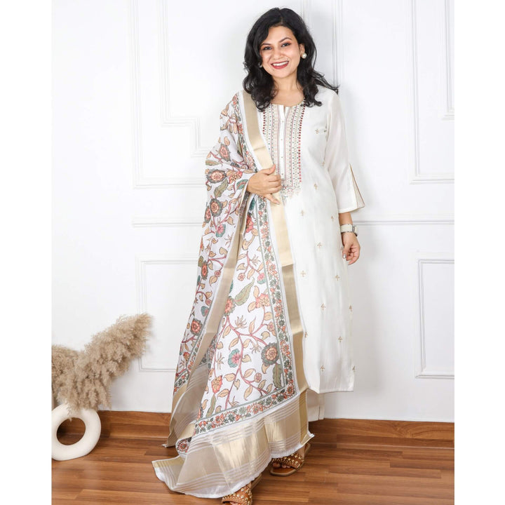 Afreen Creamy White Beige Embellished Neck Work Cotton Silk Top with Chanderi Dupatta 3 Piece Set