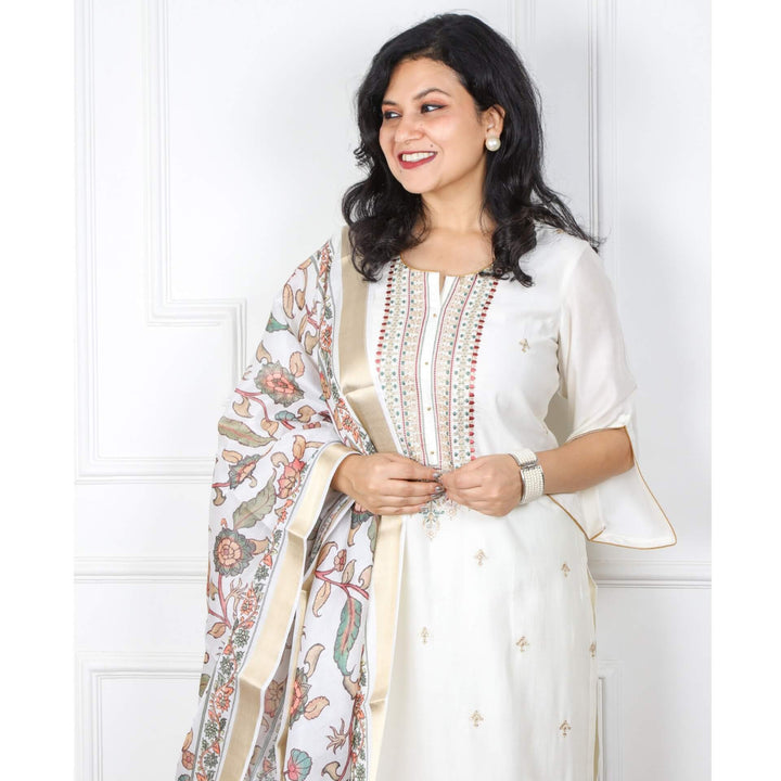 Afreen Creamy White Beige Embellished Neck Work Cotton Silk Top with Chanderi Dupatta 3 Piece Set