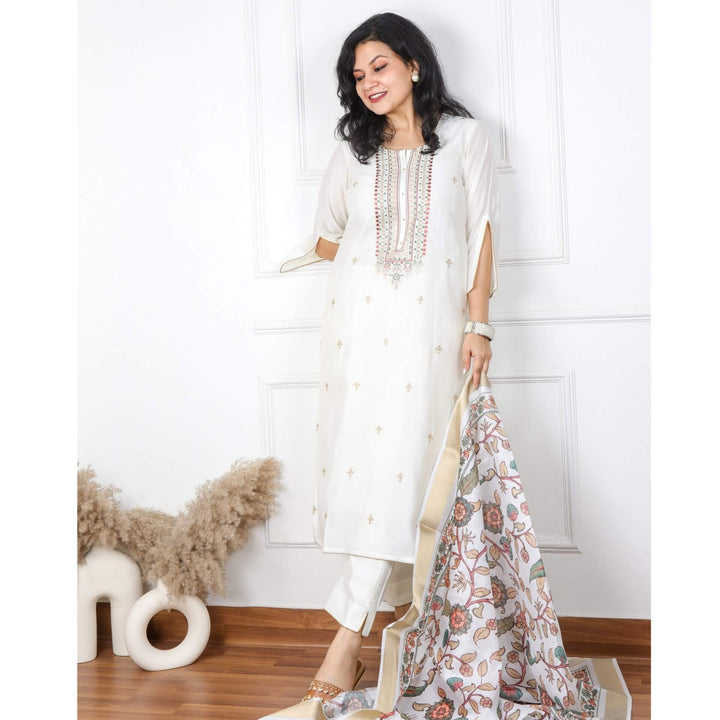 Afreen Creamy White Beige Embellished Neck Work Cotton Silk Top with Chanderi Dupatta 3 Piece Set