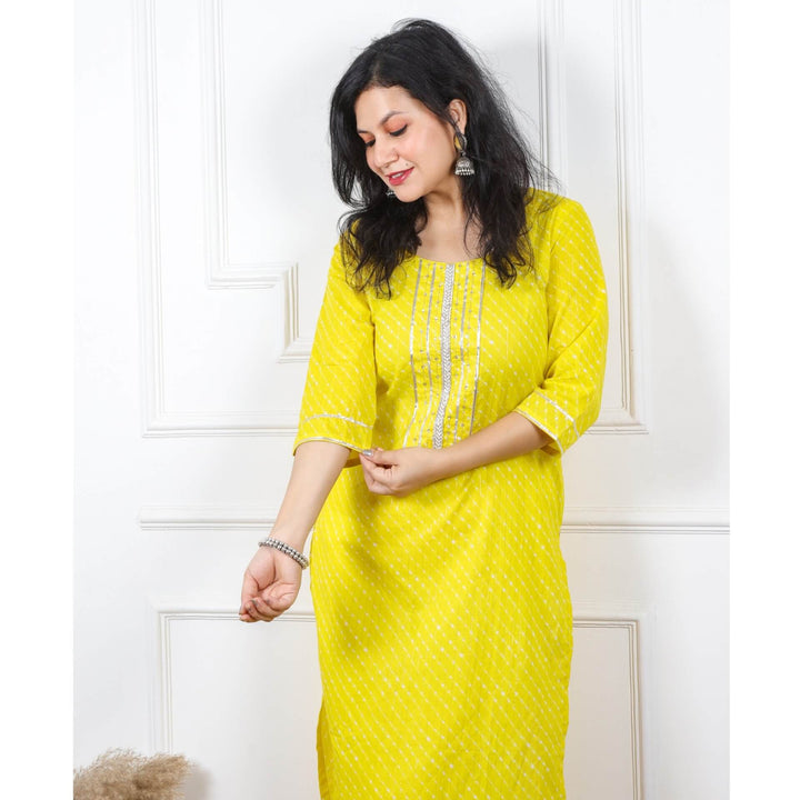 Zeenat Bright Yellow Embroidered Neck Leheriya Print Cotton Kurti