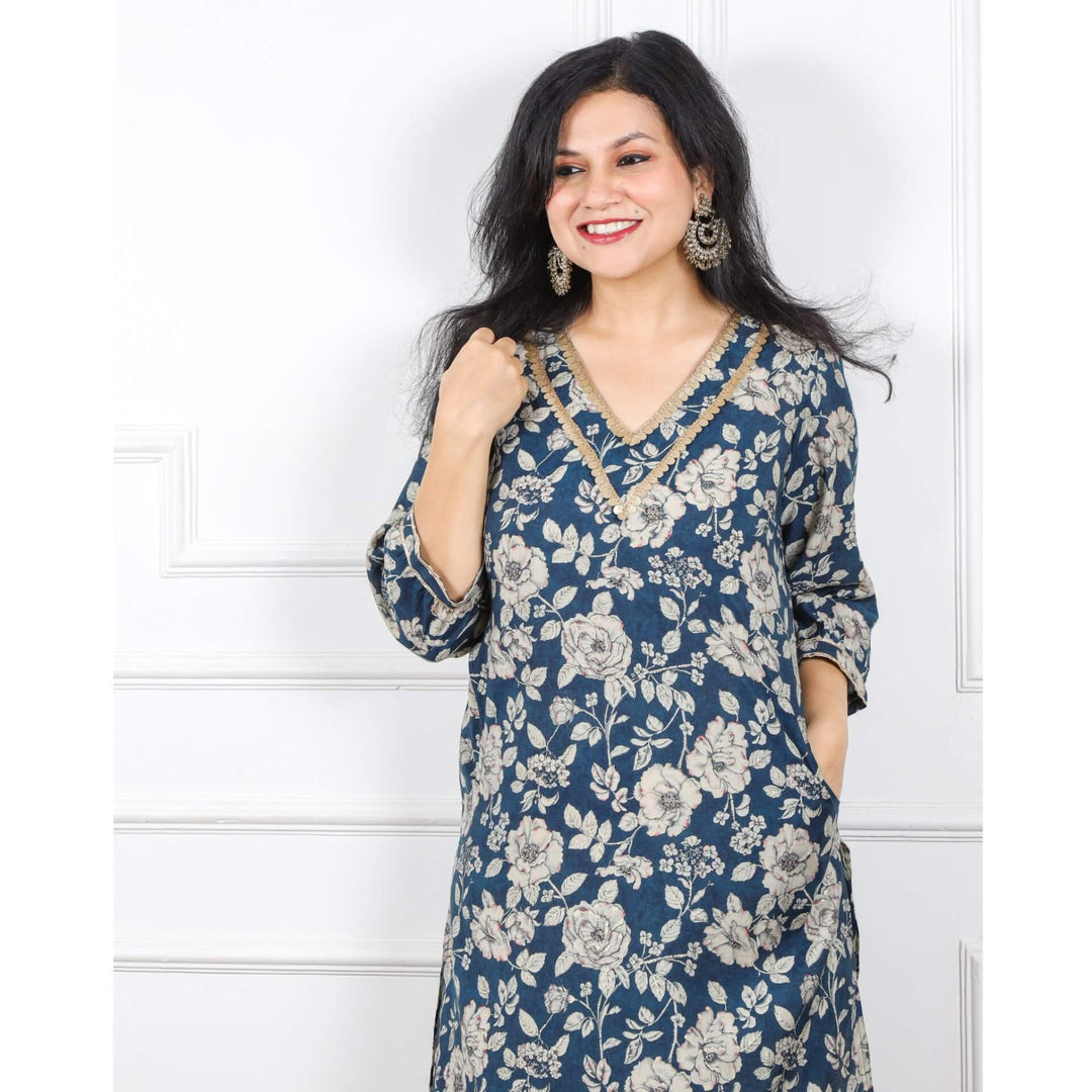 Zeenat Prussian Blue Floral Printed Pathani Modal Kurti