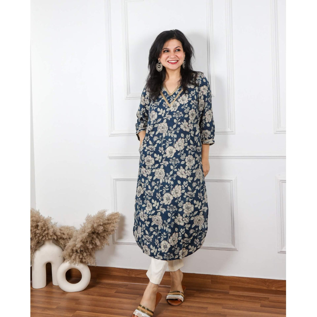 Zeenat Prussian Blue Floral Printed Pathani Modal Kurti