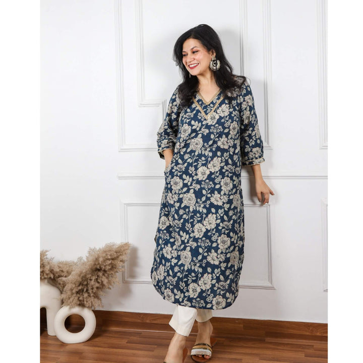 Zeenat Prussian Blue Floral Printed Pathani Modal Kurti