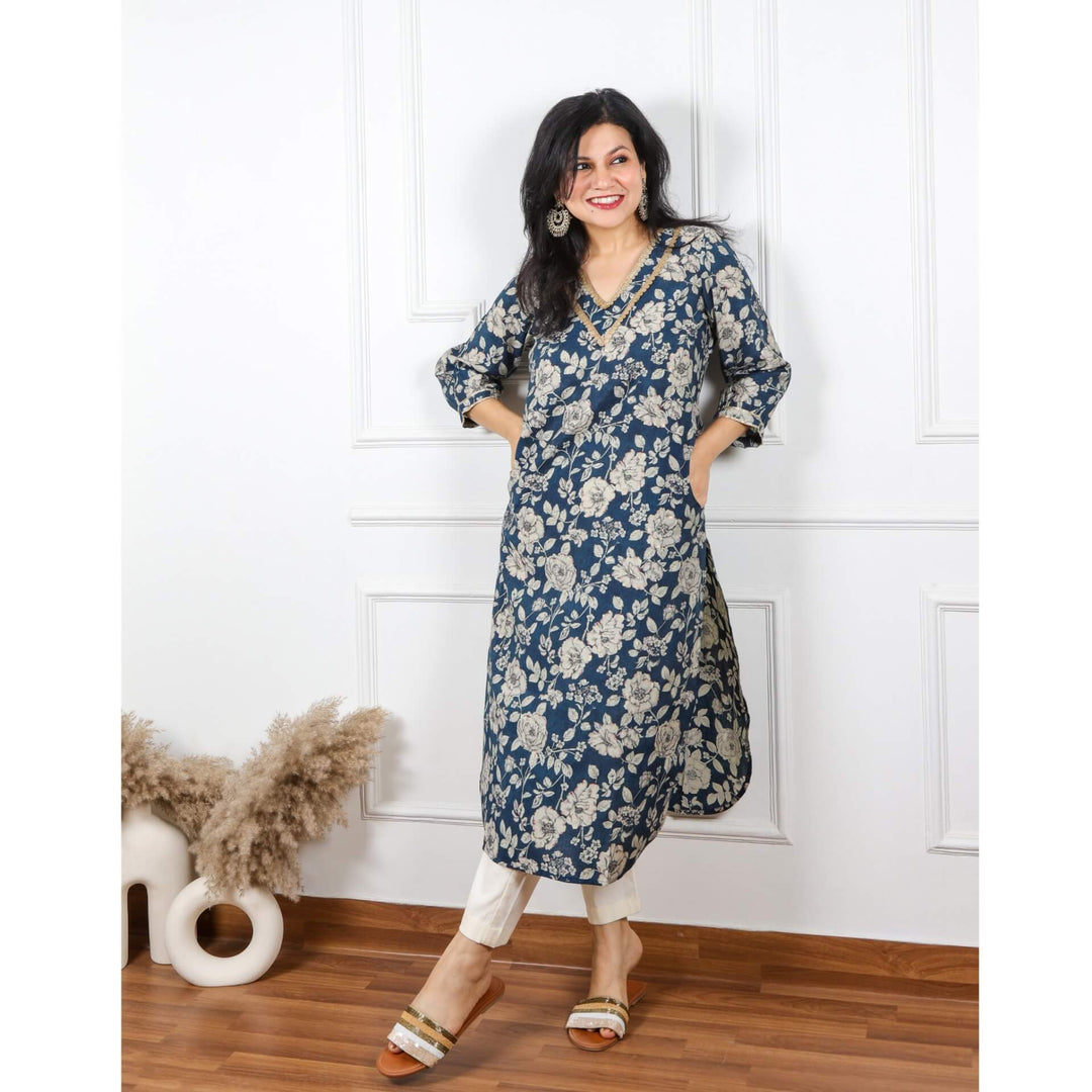 Zeenat Prussian Blue Floral Printed Pathani Modal Kurti