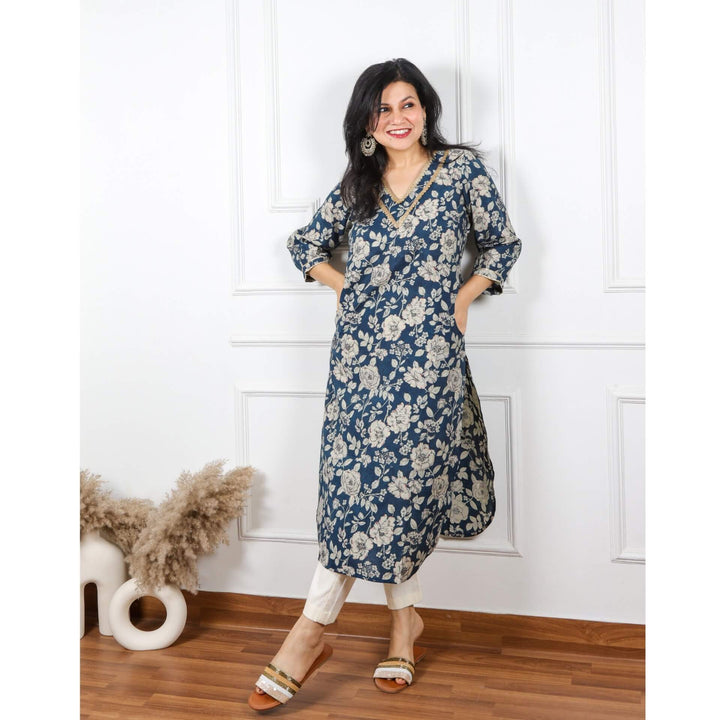 Zeenat Prussian Blue Floral Printed Pathani Modal Kurti