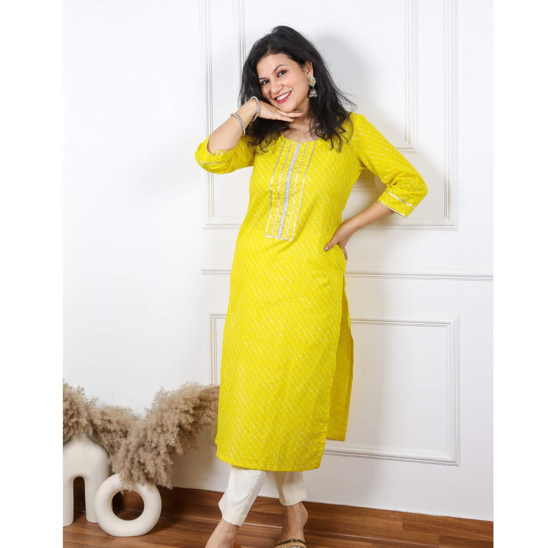 Zeenat Bright Yellow Embroidered Neck Leheriya Print Cotton Kurti