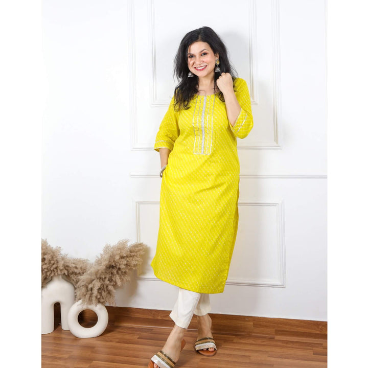 Zeenat Bright Yellow Embroidered Neck Leheriya Print Cotton Kurti