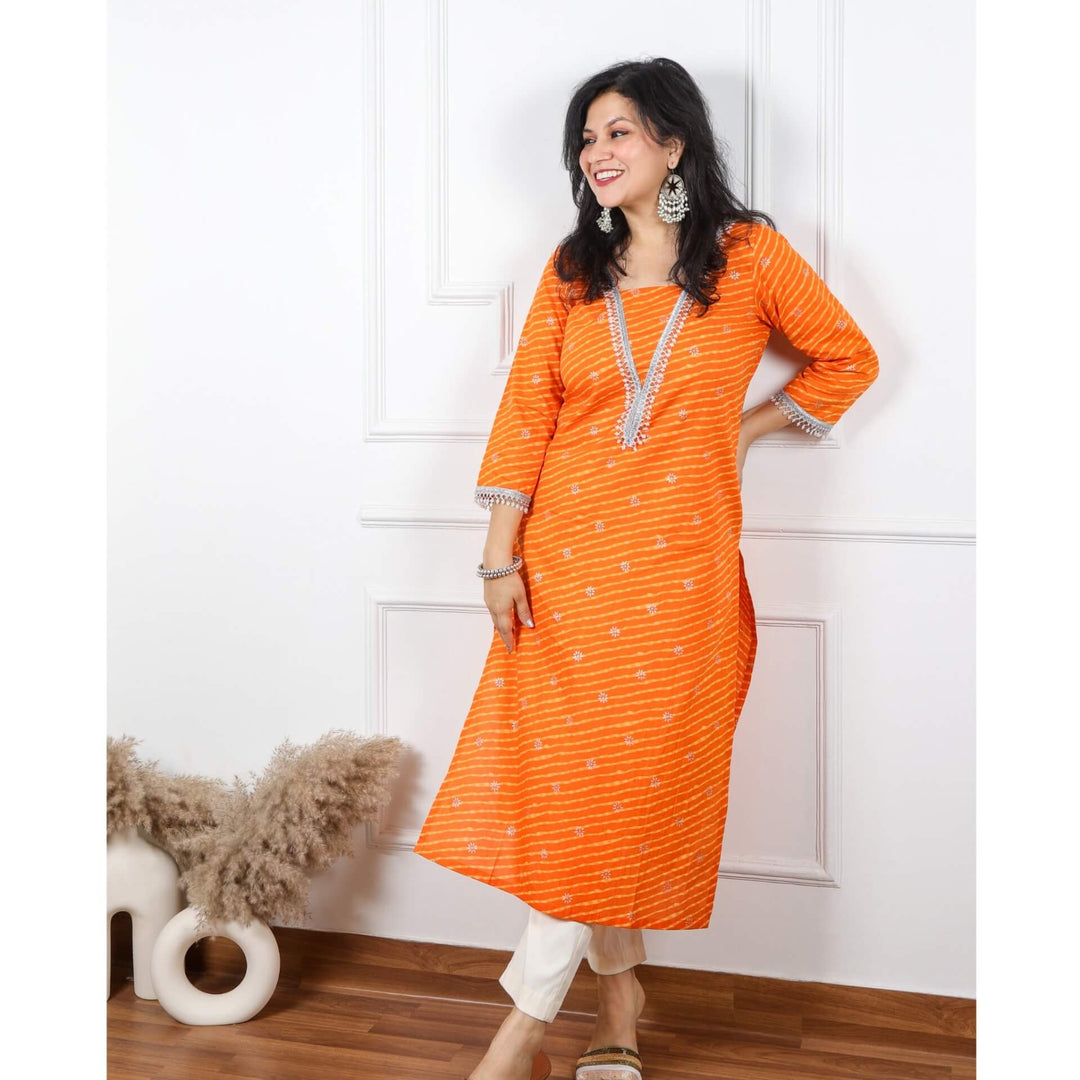Zeenat Saffron Orange V Neck Leheriya Print Cotton Kurti