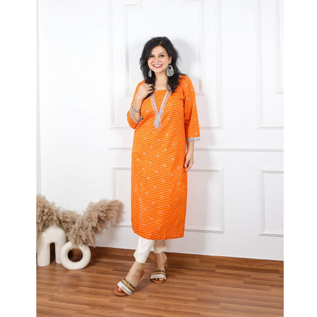 Zeenat Saffron Orange V Neck Leheriya Print Cotton Kurti