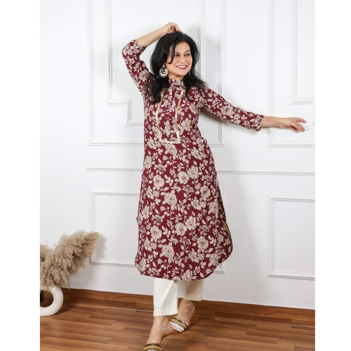 Zeenat Boysenberry Purple Floral Printed Pathani Modal Kurti