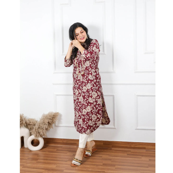 Zeenat Boysenberry Purple Floral Printed Pathani Modal Kurti