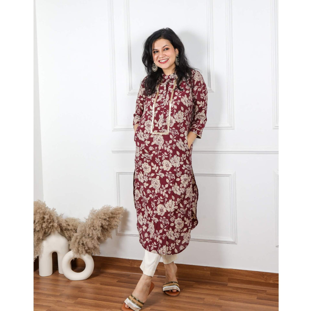 Zeenat Boysenberry Purple Floral Printed Pathani Modal Kurti