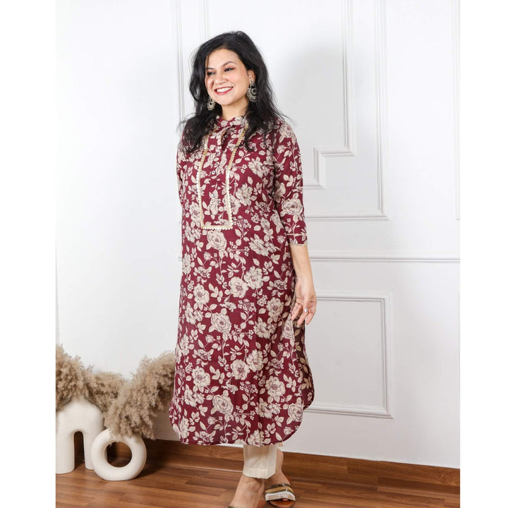 Zeenat Boysenberry Purple Floral Printed Pathani Modal Kurti