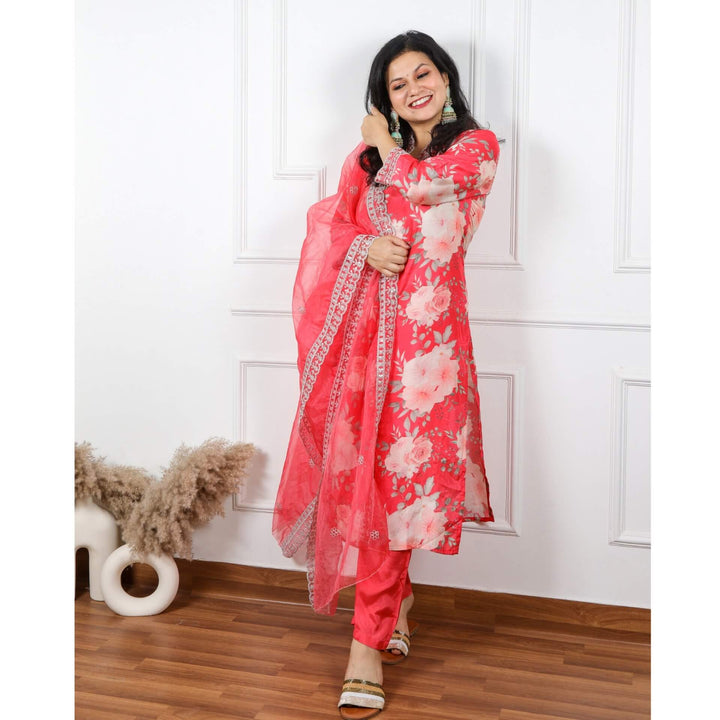 Qurbat Rossy Pink Floral Printed Muslin Top with Organza Dupatta 3 Piece Set