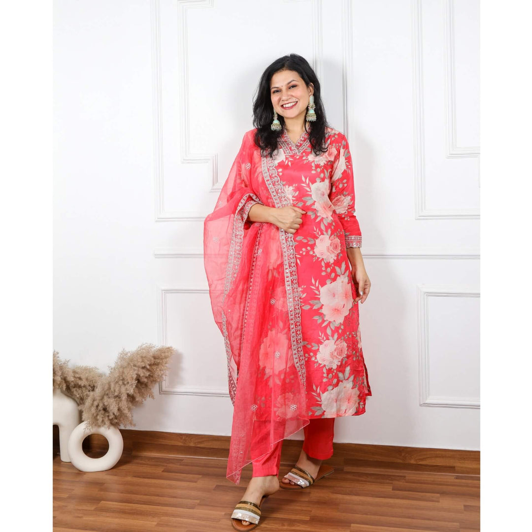 Qurbat Rossy Pink Floral Printed Muslin Top with Organza Dupatta 3 Piece Set