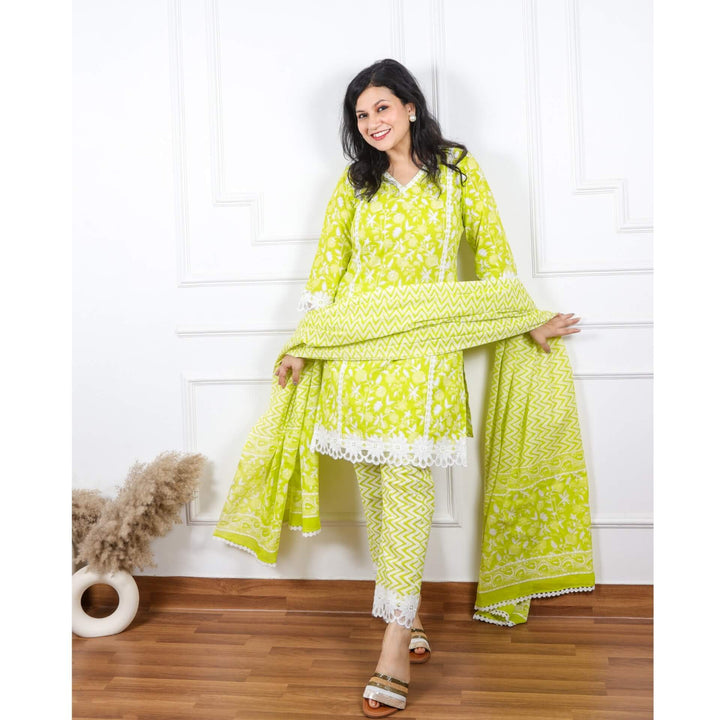 Neon Green Floral Printed Top with Printed Cotton Dupatta set-D2