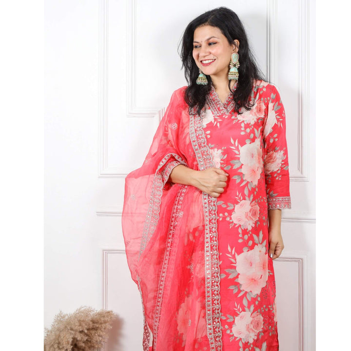 Qurbat Rossy Pink Floral Printed Muslin Top with Organza Dupatta 3 Piece Set
