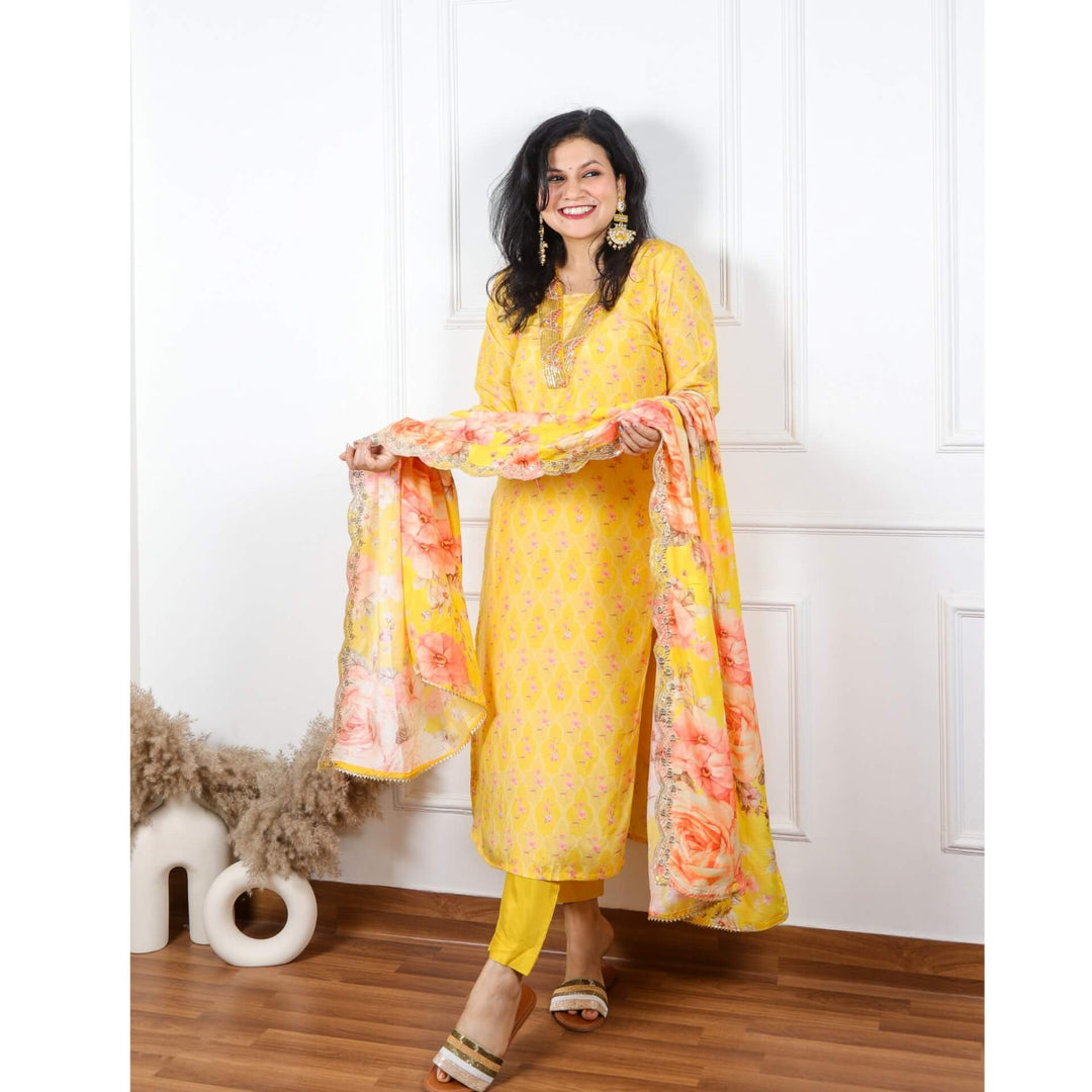 Zeenat Pineapple Yellow Floral Printed V Neck Muslin Top with Muslin Dupatta Set