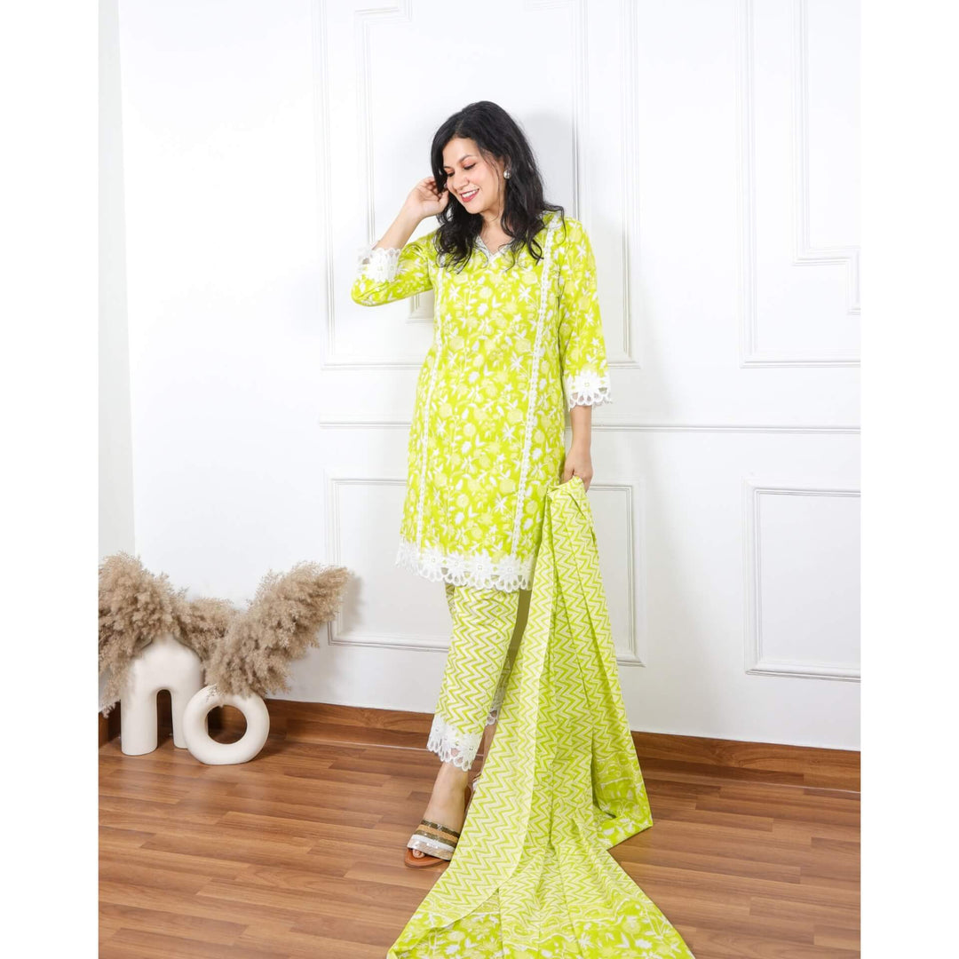 Neon Green Floral Printed Top with Printed Cotton Dupatta set-D2