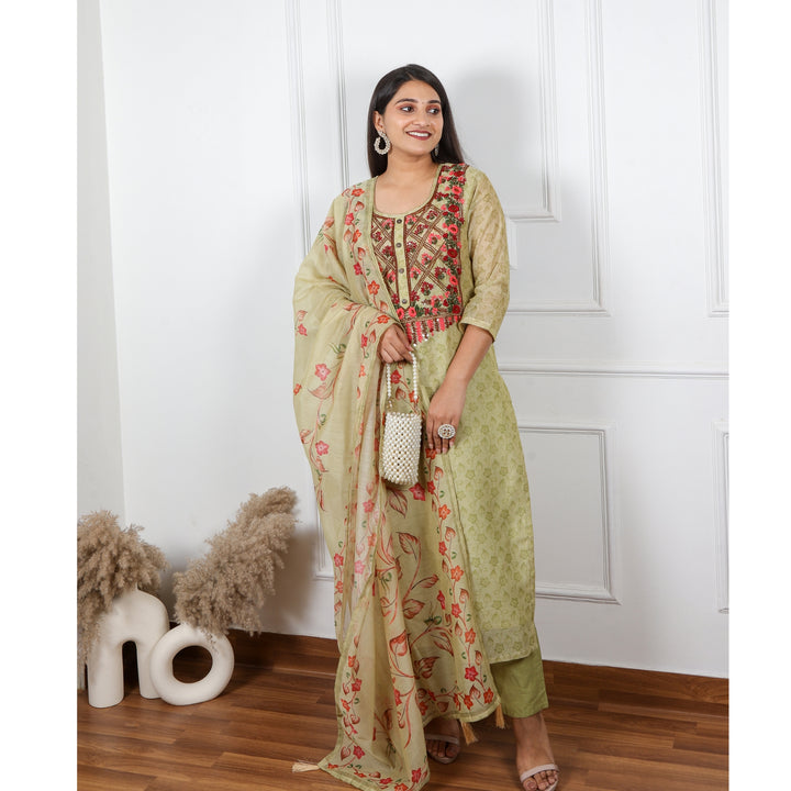 Heeriye Fern Green Digital Printed Chanderi Top with Chanderi Dupatta 3 Piece Set