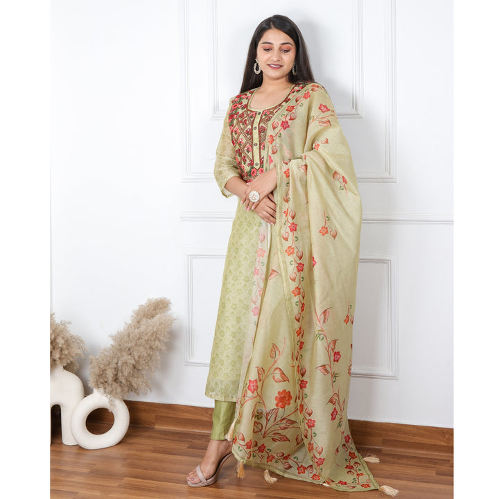 Heeriye Fern Green Digital Printed Chanderi Top with Chanderi Dupatta 3 Piece Set