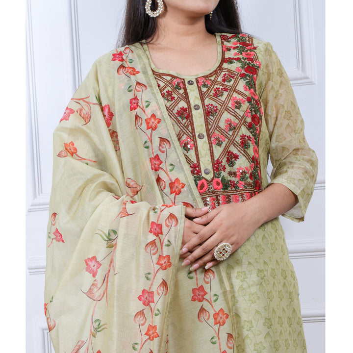 Heeriye Fern Green Digital Printed Chanderi Top with Chanderi Dupatta 3 Piece Set