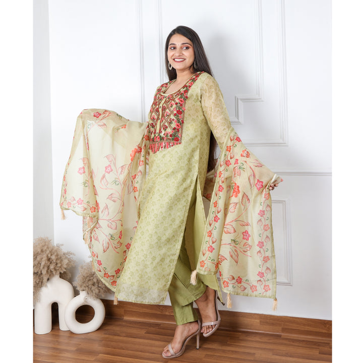 Heeriye Fern Green Digital Printed Chanderi Top with Chanderi Dupatta 3 Piece Set