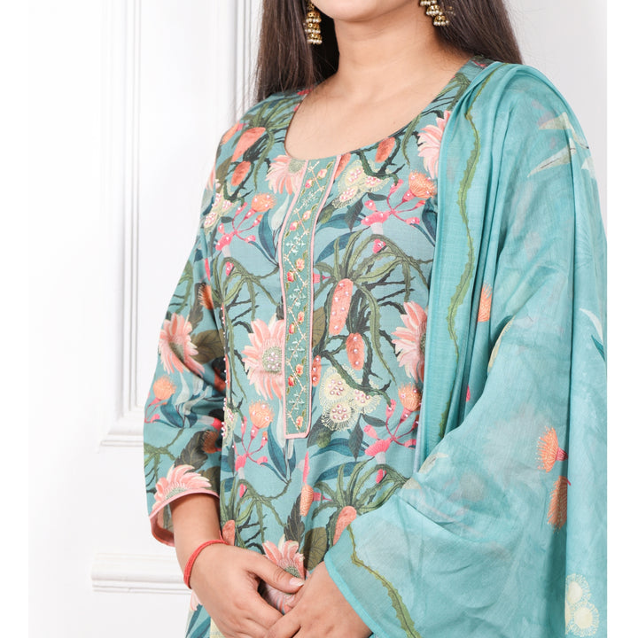 Nazaakat Forest Green Floral Printed Cotton Linen Top with Cotton Dupatta Set