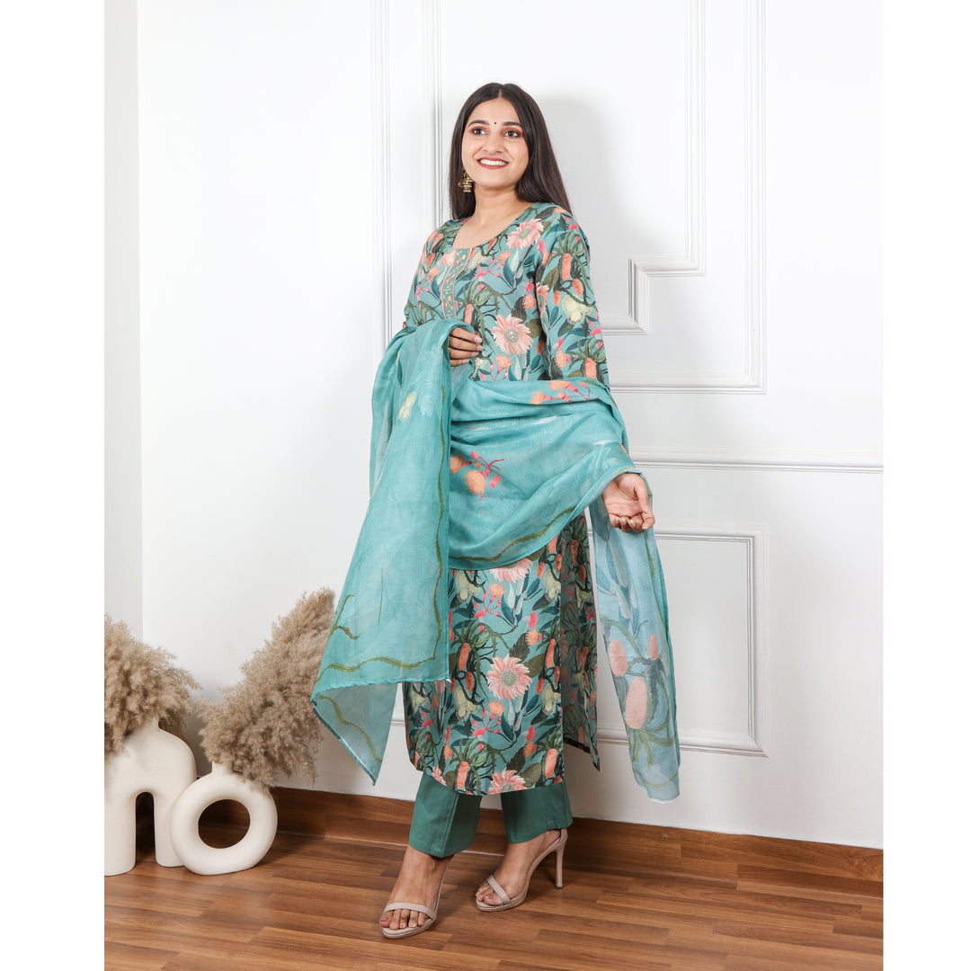 Nazaakat Forest Green Floral Printed Cotton Linen Top with Cotton Dupatta Set