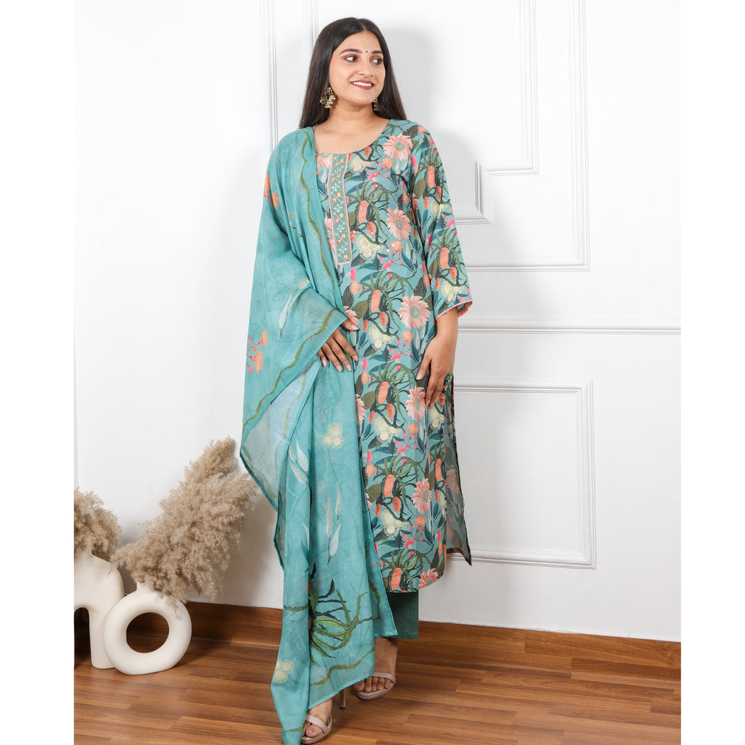 Nazaakat Forest Green Floral Printed Cotton Linen Top with Cotton Dupatta Set