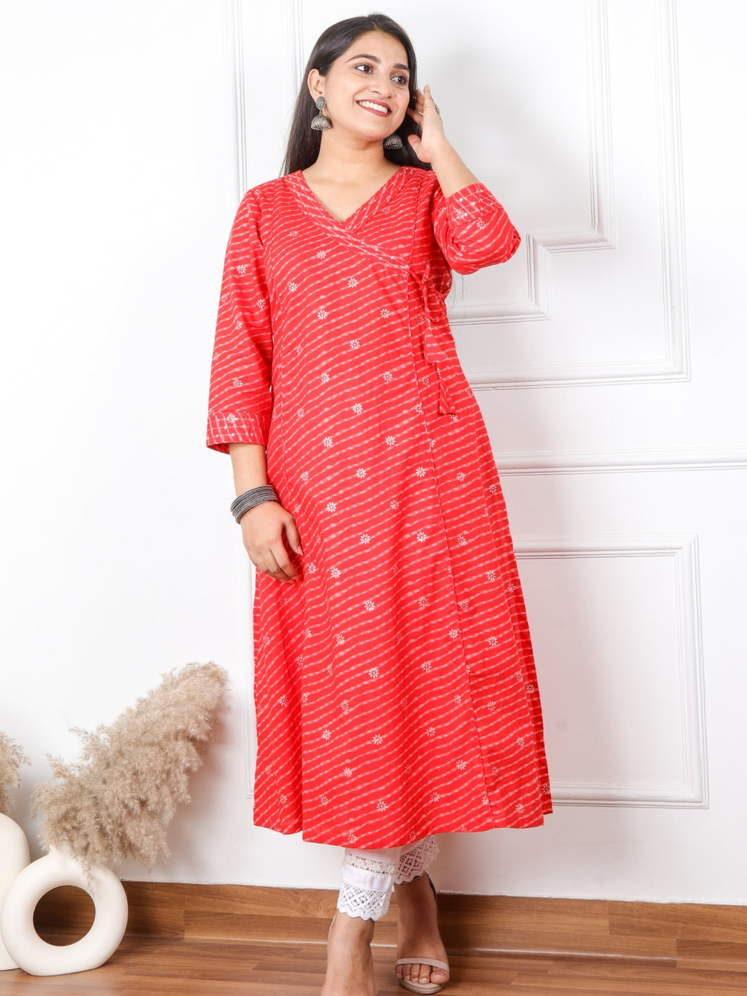 Rooh Cherry Red Leheriya Angrakha Cotton Kurti