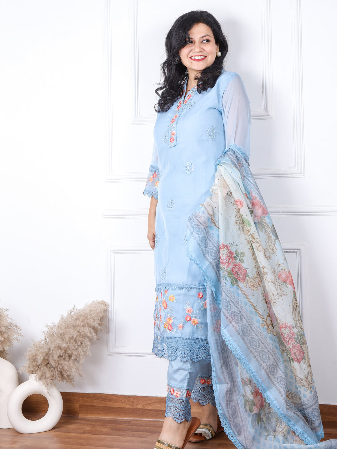 Nazaakat Pastel Blue V Neck Lace Work Organza Top with Printed Organza Dupatta 3 Piece Set