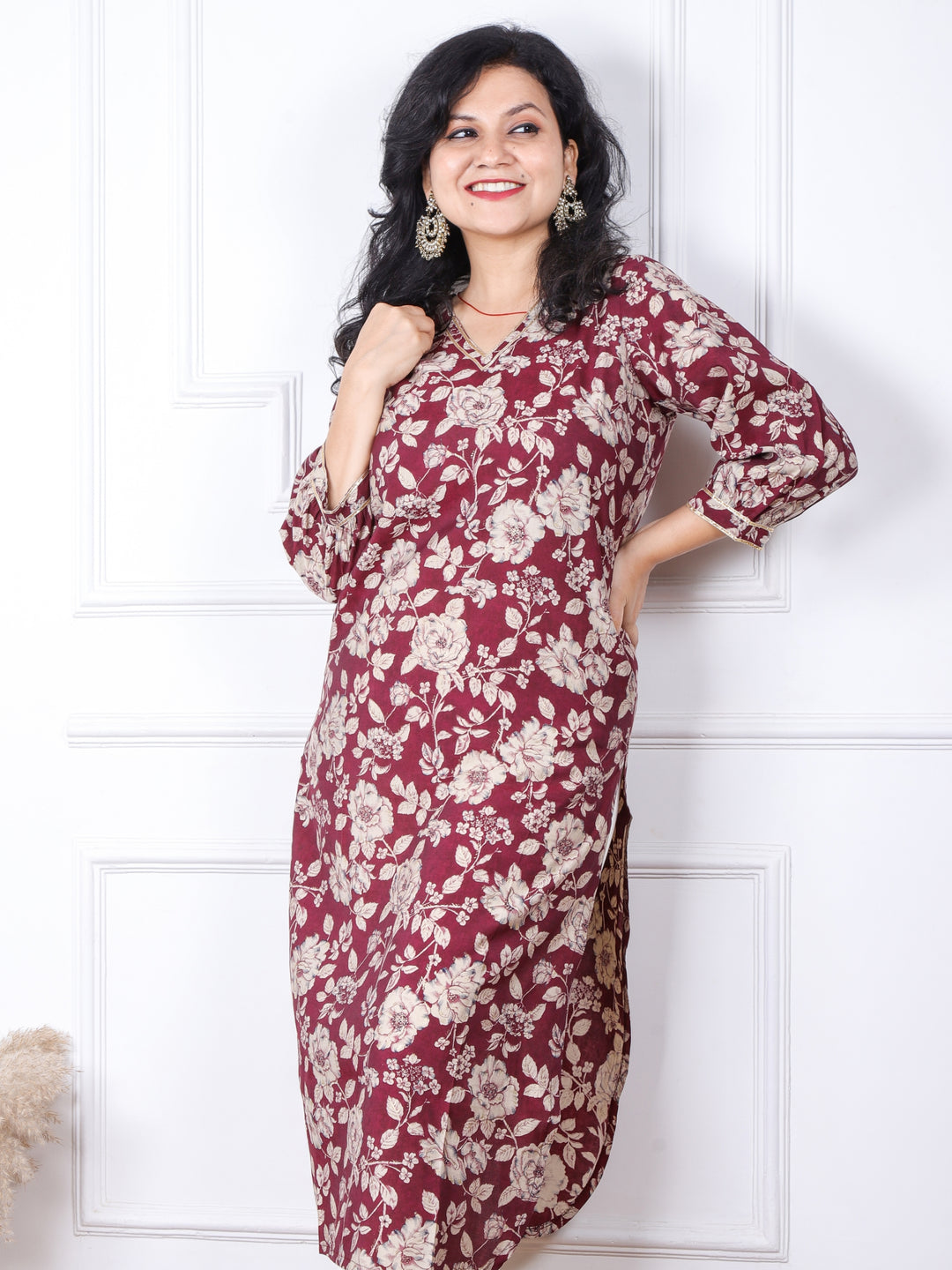 Zeenat Boysenberry Purple Floral Printed Pathani Modal Kurti