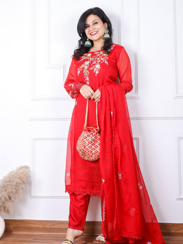 Zeenat Bridal Red Floral Embroidered Neck Organza Top with Organza Dupatta Set