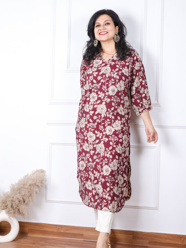 Zeenat Boysenberry Purple Floral Printed Pathani Modal Kurti