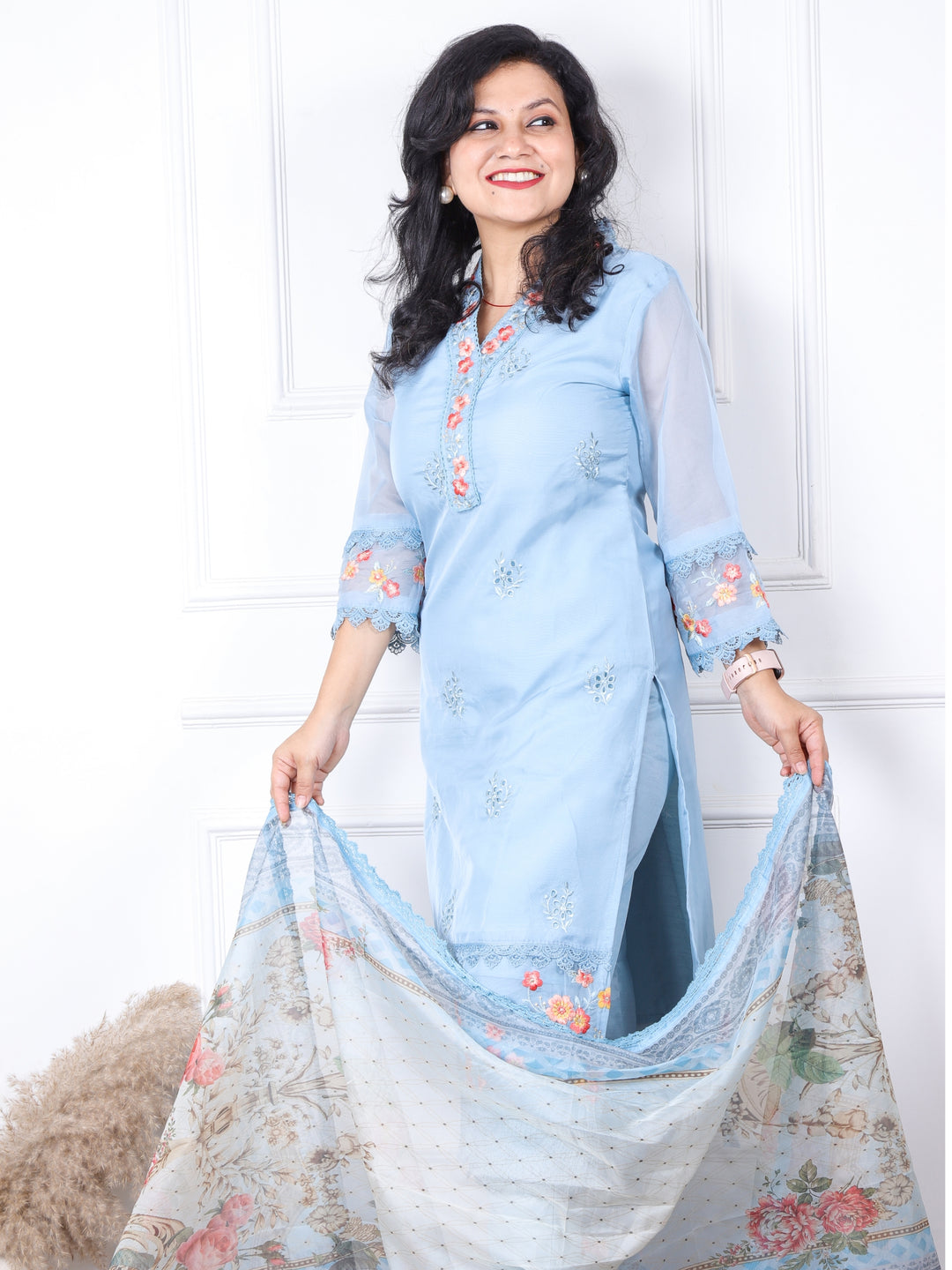 Nazaakat Pastel Blue V Neck Lace Work Organza Top with Printed Organza Dupatta 3 Piece Set