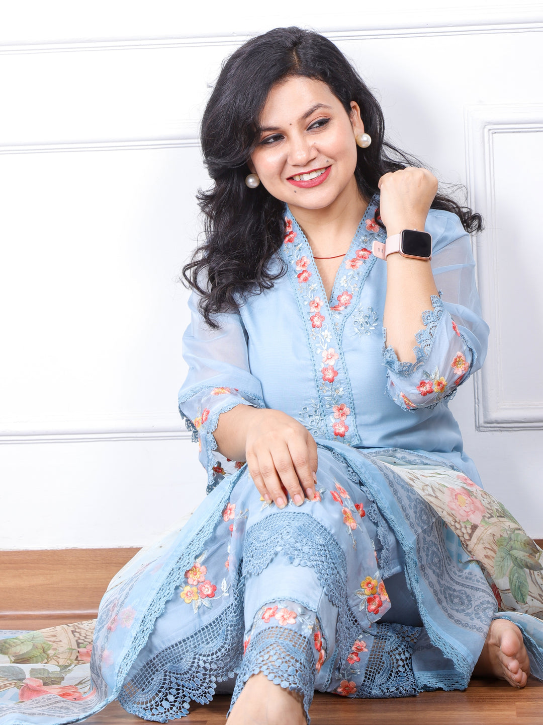 Nazaakat Pastel Blue V Neck Lace Work Organza Top with Printed Organza Dupatta 3 Piece Set