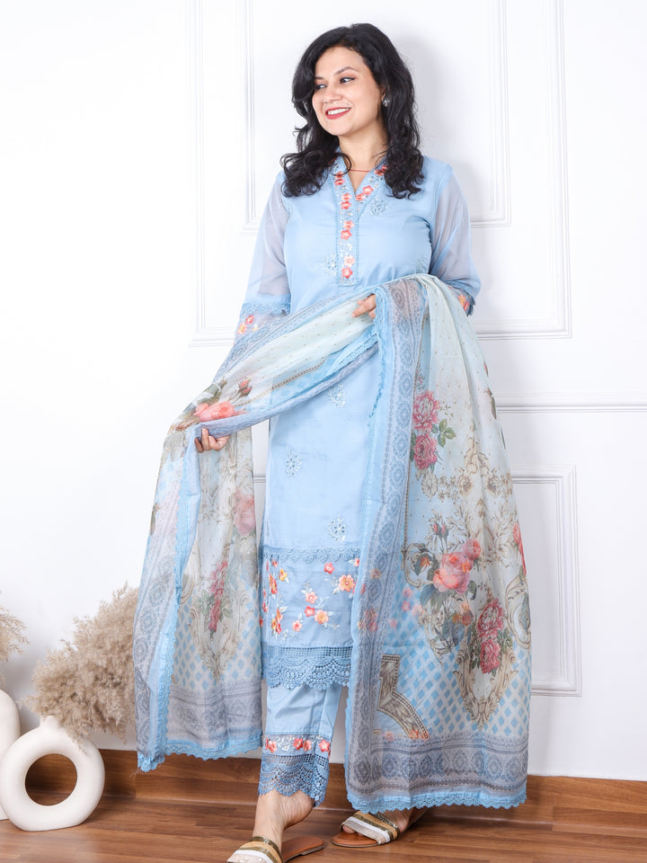 Nazaakat Pastel Blue V Neck Lace Work Organza Top with Printed Organza Dupatta 3 Piece Set