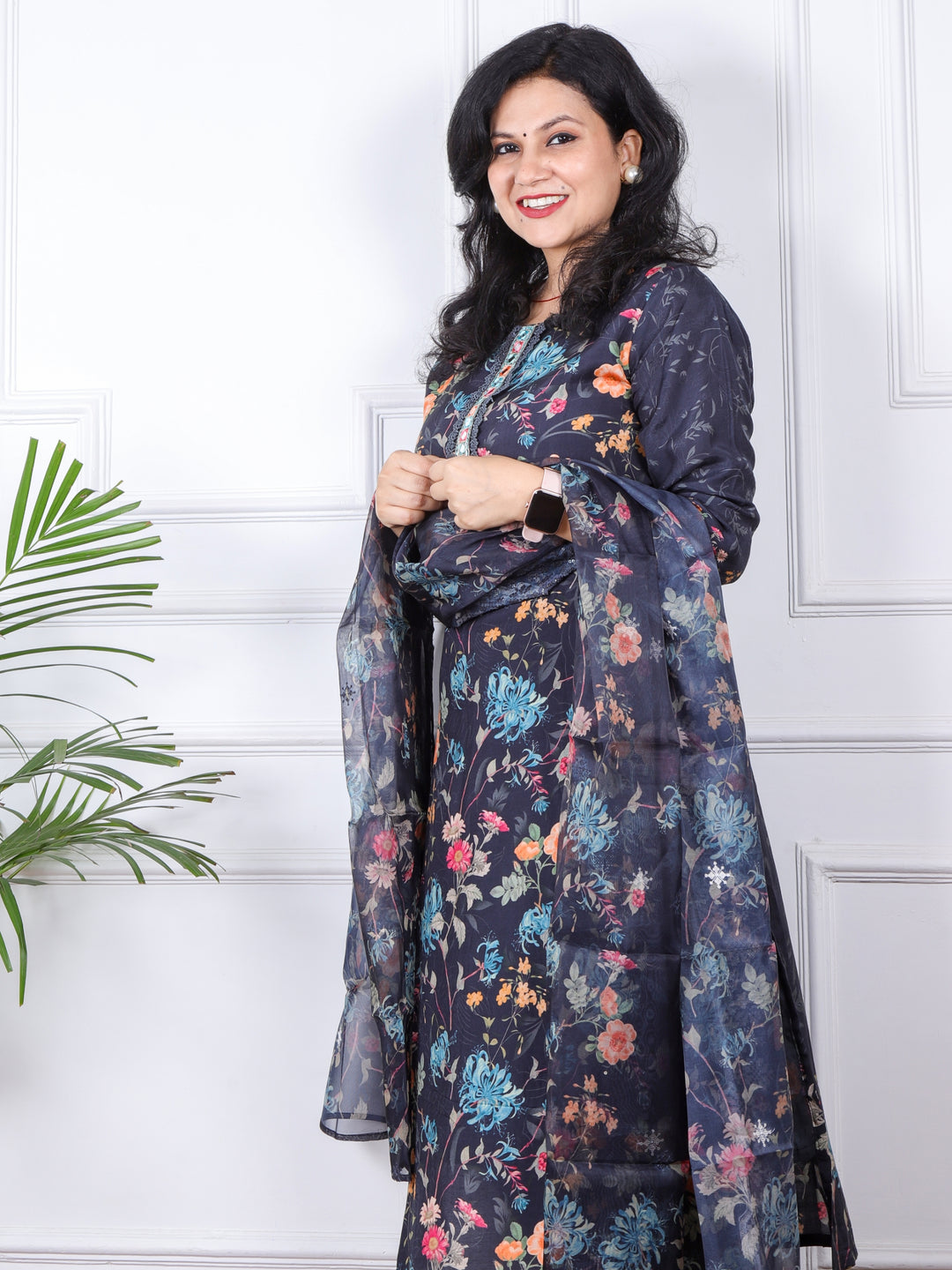 Nazaakat Midnight Blue Floral Printed Muslin Top with Organza Dupatta Set