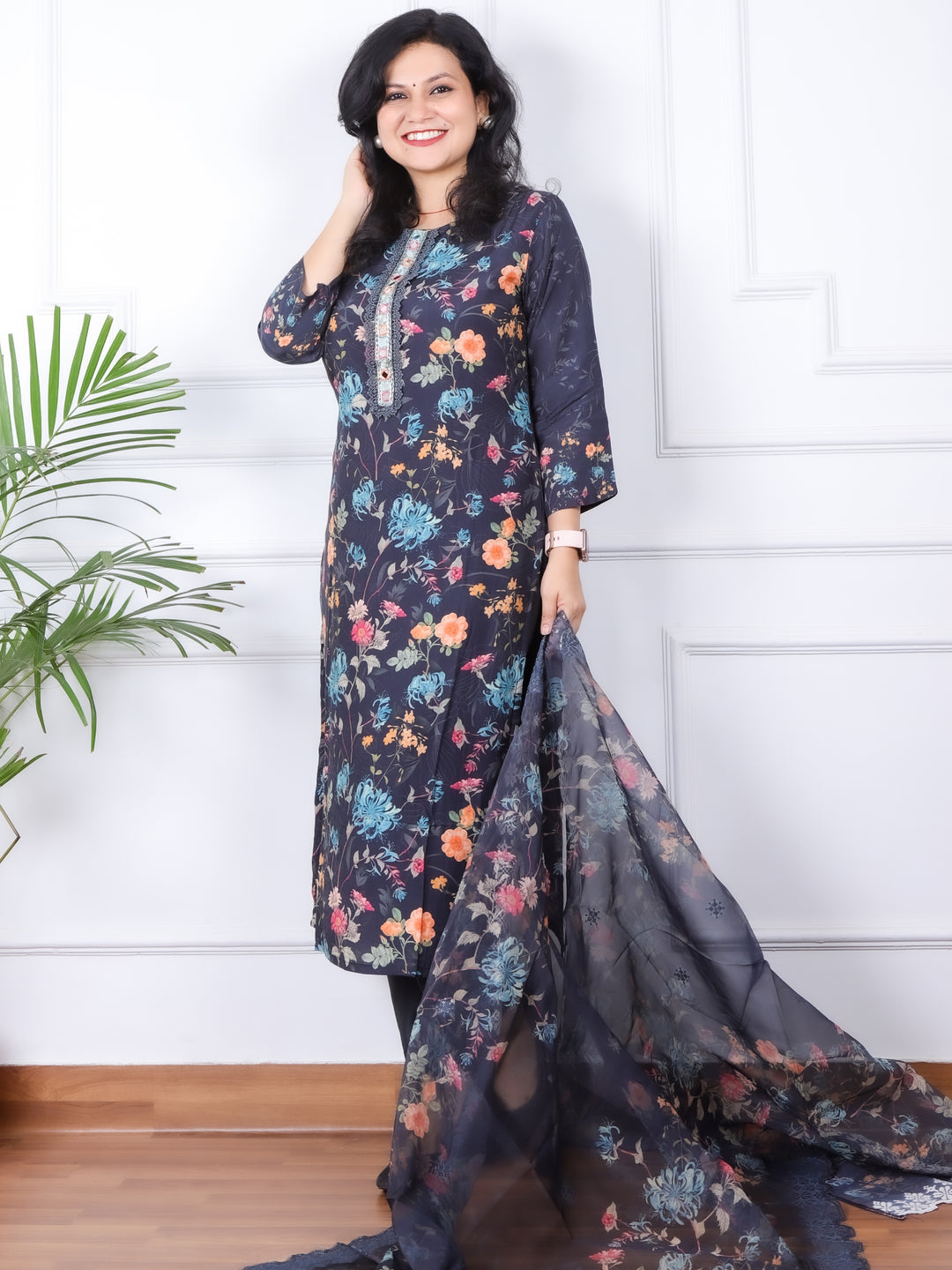 Nazaakat Midnight Blue Floral Printed Muslin Top with Organza Dupatta Set