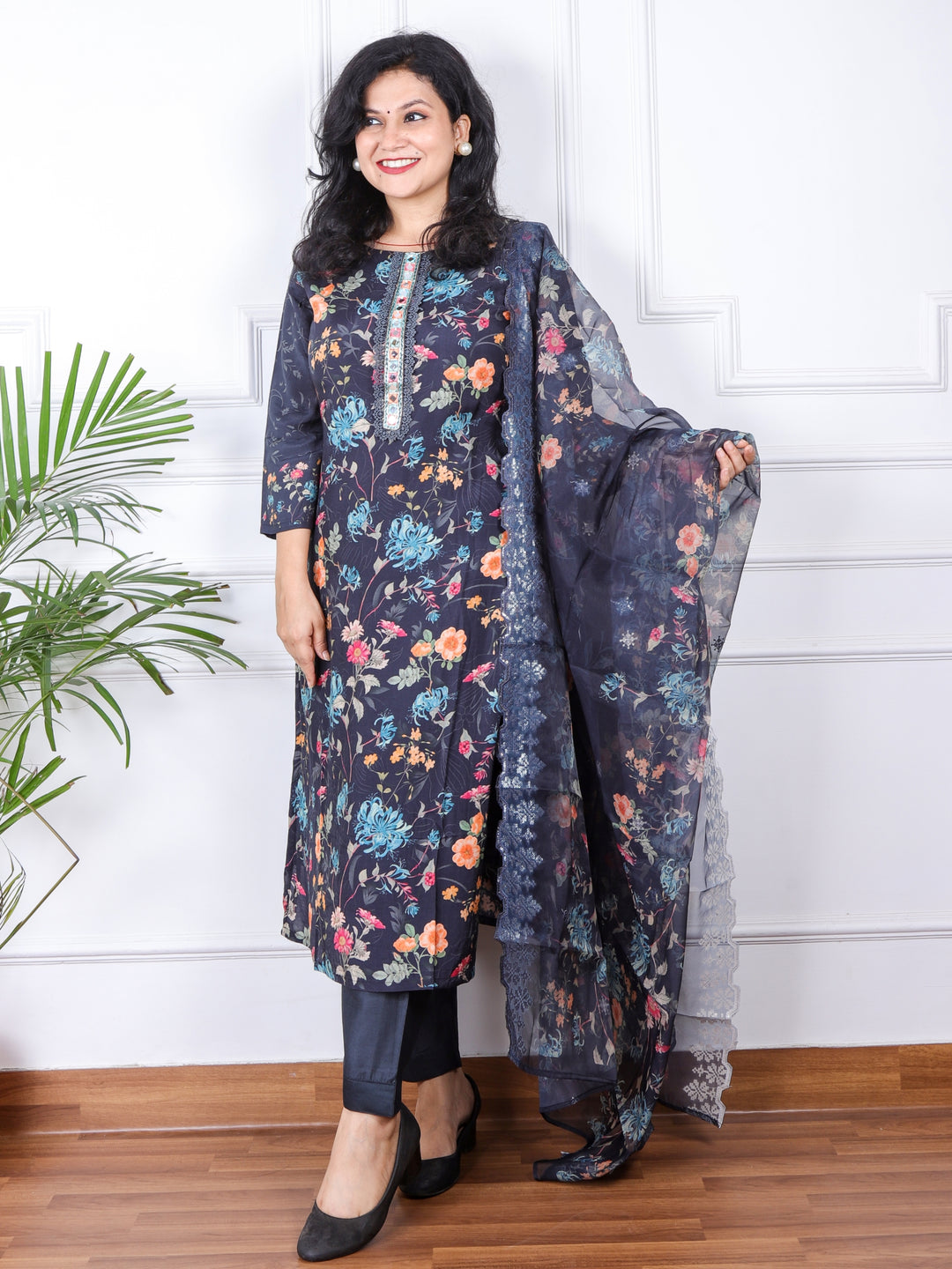 Nazaakat Midnight Blue Floral Printed Muslin Top with Organza Dupatta Set