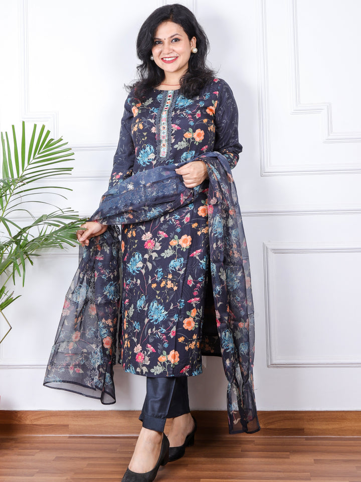 Nazaakat Midnight Blue Floral Printed Muslin Top with Organza Dupatta Set