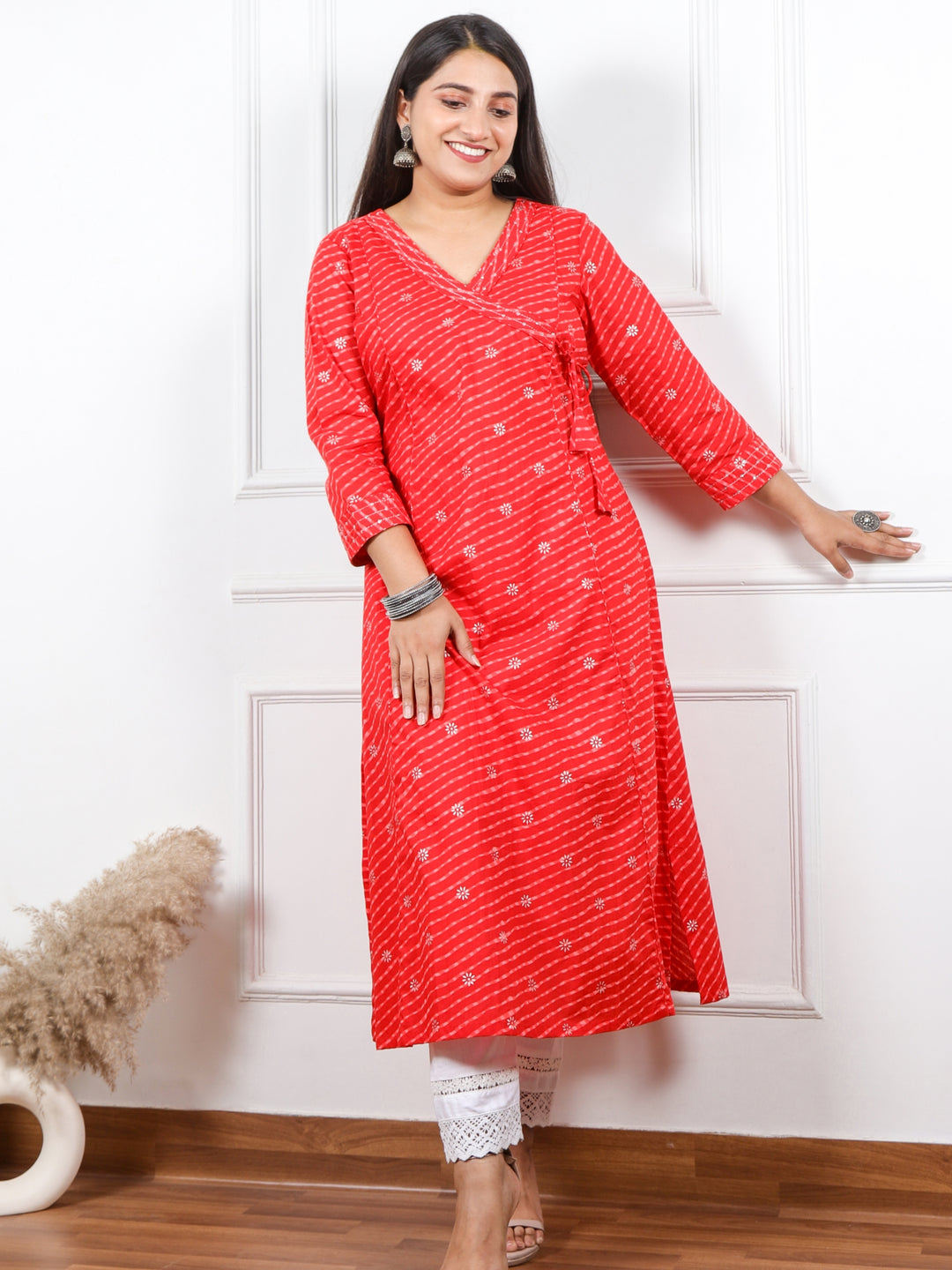 Rooh Cherry Red Leheriya Angrakha Cotton Kurti