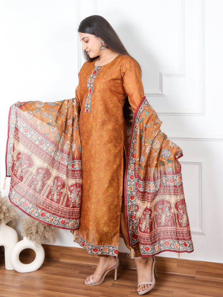 Heeriye Light Brown Digital Printed Chanderi Top with Kantha work Dupatta 3 Piece Set