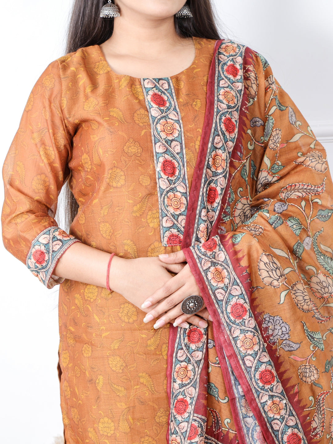 Heeriye Light Brown Digital Printed Chanderi Top with Kantha work Dupatta 3 Piece Set